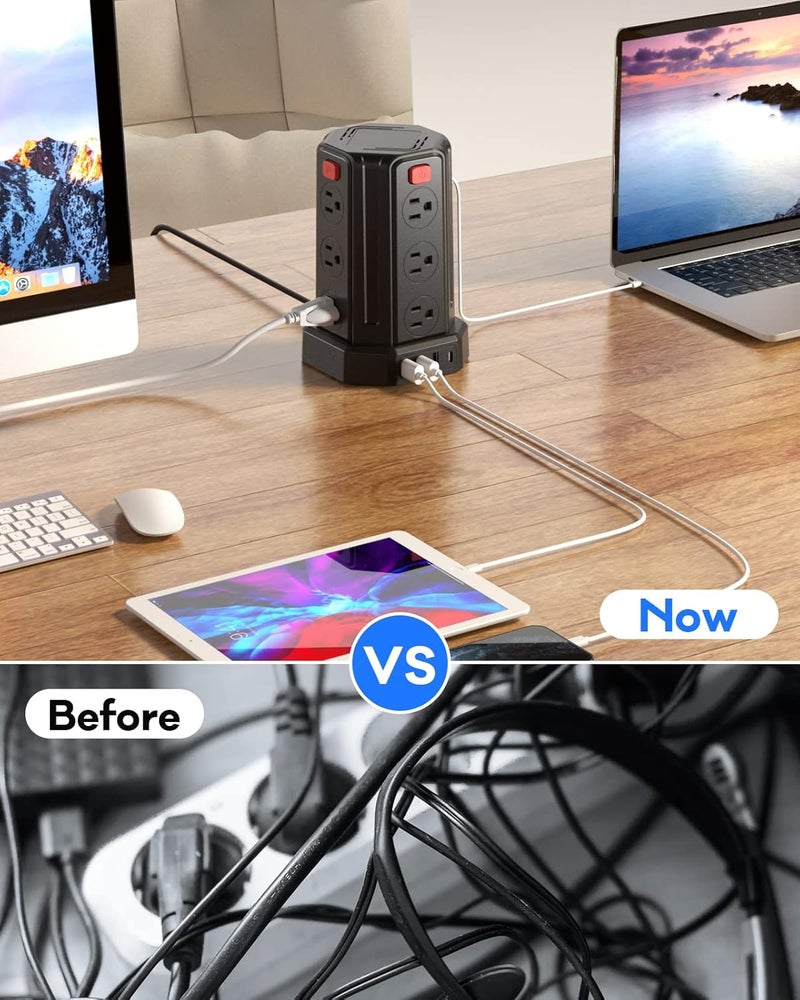 SMALLRT Power Strip Surge Protector, 10 Ft Extension Cord with 12 AC Multiple Outlets 4 USB (1 USB C), Power Tower Desktop Charging Station (Black, 16.4 FT) - Image 4